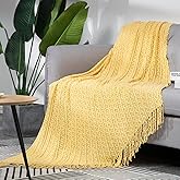 LALIFIT Knit Throw Blanket 100% Acrylic Lightweight Decorative Blankets with Tassels 50×60 Inch Solid Soft Throw Cover for Couch Sofa Bed Home Decor (Yellow Wave)