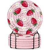 Kokaaee Cup Coasters for Drinks Absorbent - for Coffee Wooden Table Office Cute Farmhouse Outdoor Rustic Desk Kawaii Woven Women Kids Soft Cloth Braided Fabric Strawberry Coaster Set of 6 with Holder