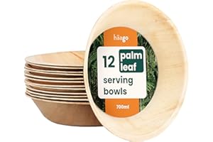 Haago 12 Large Serving Palm Leaf Bowls 8"/ 24oz (Round) Natural Disposable Bowls for Party, Wedding, Picnic, Better than Pape
