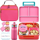 Bento Lunch Box for Kids with Thermos, Leakproof Bento Box with 8oz Insulated Food Jar, Insulated Bottle, Lunch Bag, BPA Free Dishwasher Safe 4 Compartment Container for School Girls Boys (Pink)