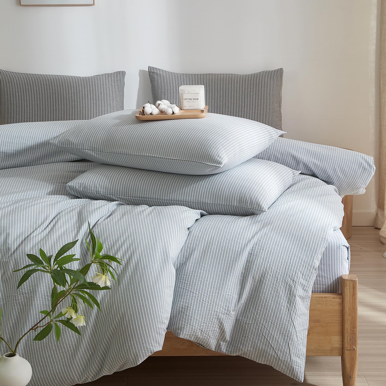 Photo 1 of MWL Toy Striped Duvet Cover Set Full Size 3 Pcs Breathable Durable 100% Washed Cotton Comforter Cover for All Seasons Chic Linen Like Textured Bedding Set (Light Blue White Pinstripes, Full)
