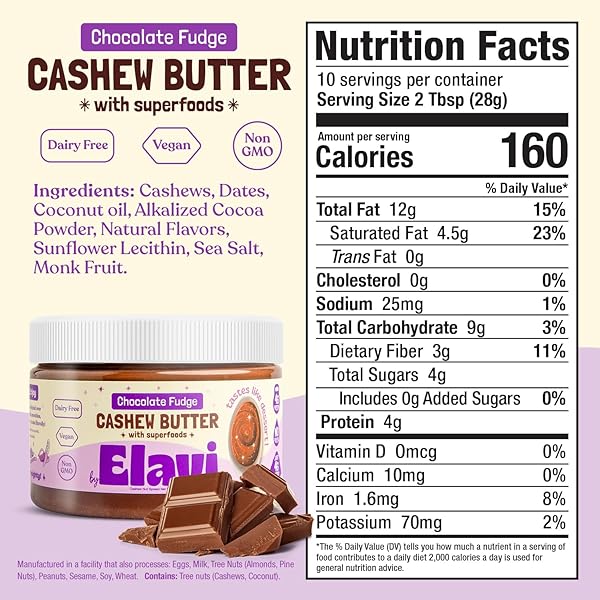 ELAVI KETO CASHEW BUTTER JAR – GUT-FRIENDLY, LOW-SUGAR DESSERT SPREAD | VEGAN, KID-FRIENDLY, NO ADDED SUGAR, NO STEVIA, NO SUGAR ALCOHOLS, NO ERYTHRITOL, NO PALM OIL (10 OUNCES, CHOCOLATE FUDGE)