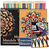 2Pcs Mandala Adult Coloring Books for Women Relaxation with 36 Color Pencils, Adult Coloring Book Spiral Bound, Thick Paper One Sided Design, Coloring Pencils for Adults with Mandala Coloring Books