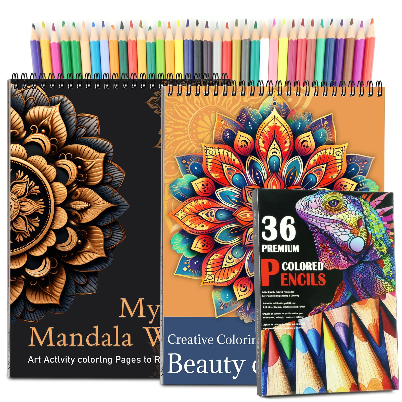 Photo 1 of 2Pcs Mandala Adult Coloring Books for Women Relaxation with 36 Color Pencils, Adult Coloring Book Spiral Bound, Thick Paper One Sided Design, Coloring Pencils for Adults with Mandala Coloring Books
