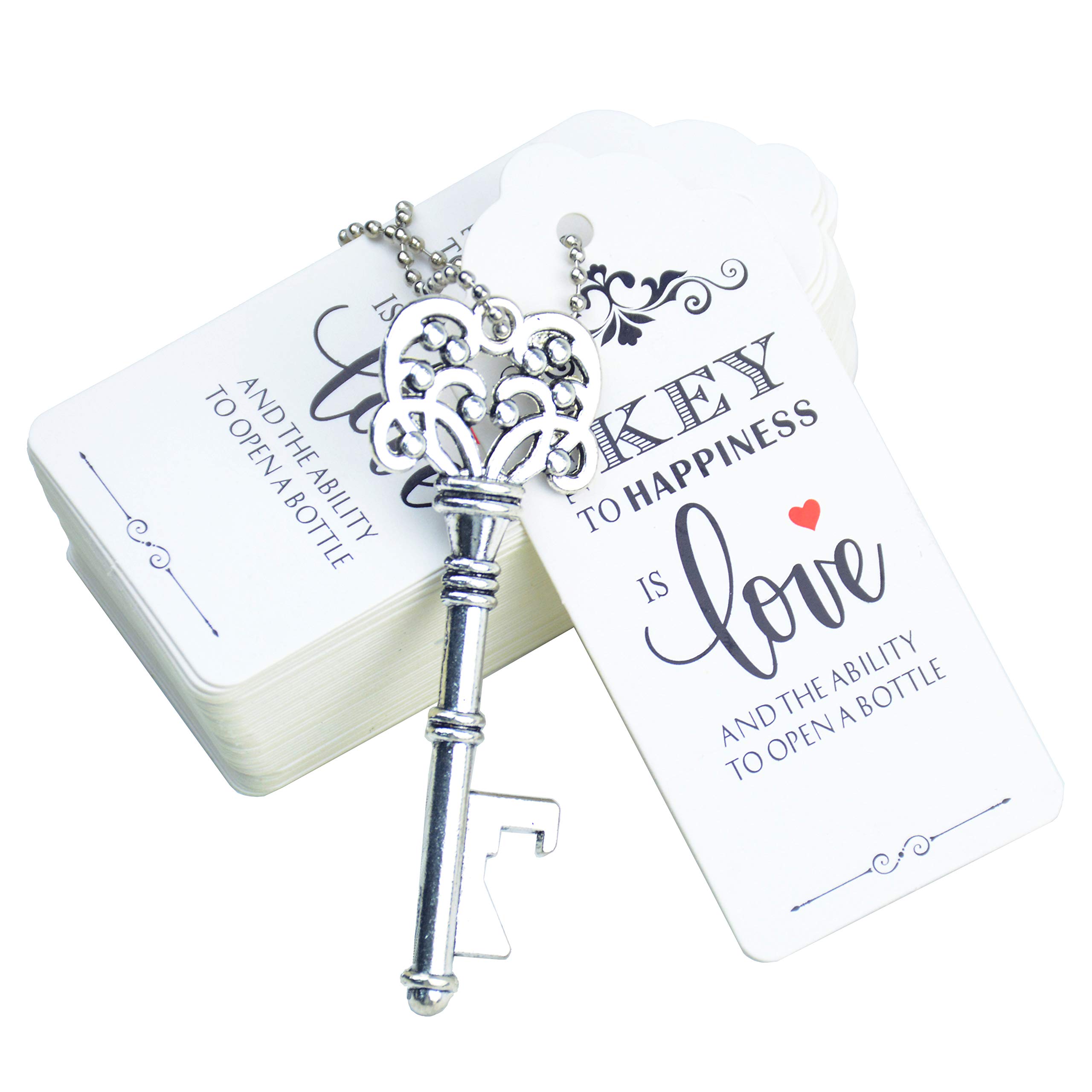 Aokbean 52pcs Rustic Vintage Key Bottle Opener Party Favor Wedding Favor Guest Souvenir Gift Set with Escort Thank You Tag Card and Keychain (Antique Silver)