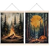FITIE Vintage Rustic Forest Campfire Canvas Wall Art Poster, Retro Camping Nature Pine Tree Landscape Wall Decor Prints for Home Camper RV Trailer Cabin, 12x16 Inches Set of 2