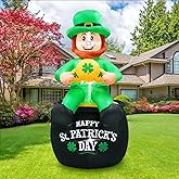 Favehome 6FT Tall St. Patricks Day Inflatables Leprechaun Holding Lucky Shamrock Sitting on The Pot of Gold Built-in LED Lights for St. Patricks Day Decorations Outdoor