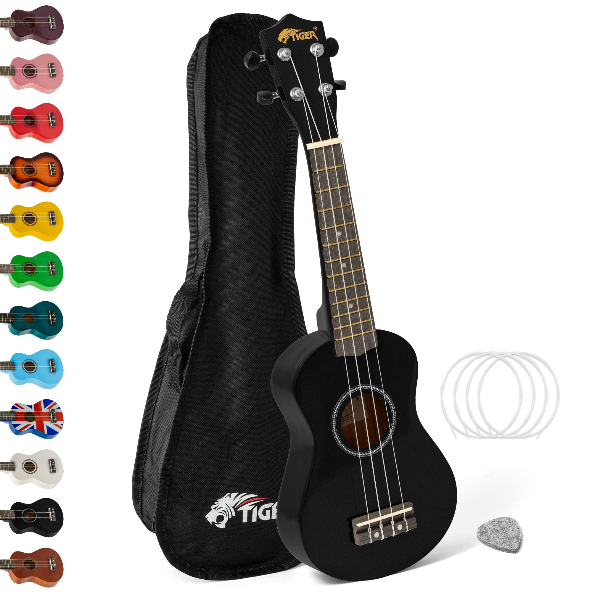 Tiger UKE7-BK Soprano Ukulele - Ideal for Beginners and Schools – Includes Gig Bag, Felt Pick, Spare Strings now with Aquila Strings – Black