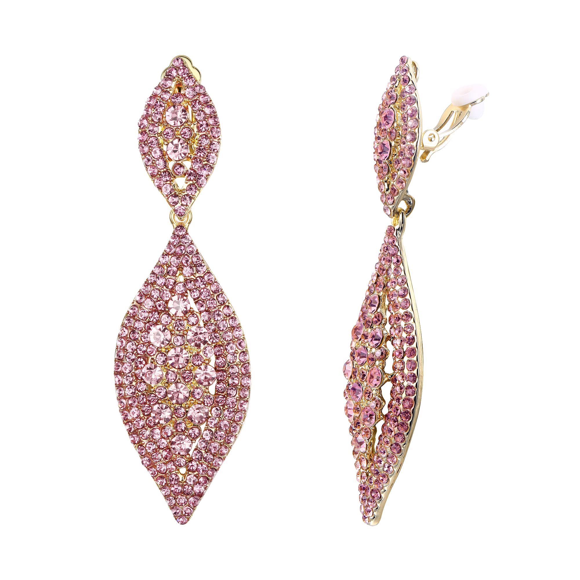 EVER FAITH Pink Rhinestone Clip On Earrings, Wedding Party Crystal Drop Dangle Non-piercing Earrings for Non Pierced Ears Gold-Tone — image 1