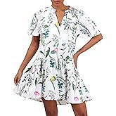 FANDEE Women Summer Casual Mini Sun Dress Print Boho Floral V Neck Short Sleeve A-Line Sundress Loose T Shirt Dresses Vacation Floral White 3XL