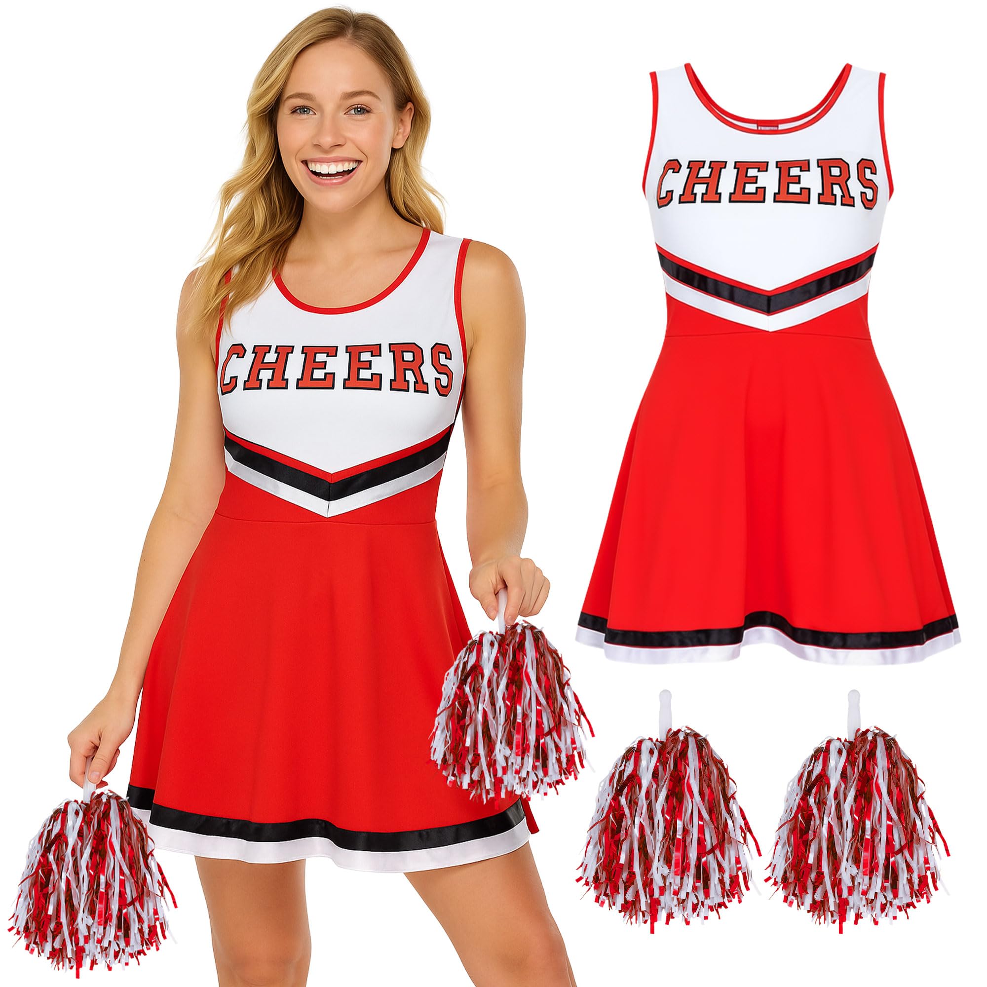 Cheerleader Outfit Adult with Pom Poms - Adult Cheerleader Costume Women Fancy Dress Costume - Ladies Cheerleading Outfit with PomPoms - Cheerleading Halloween Fancy Dress for Women