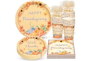 Atonofun Friendsgiving Party Supplies, Friendsgiving Plates and Napkins Set, Disposable Thanksgiving Plates, Cups, Napkins and Forks for Fall Harvest Thanksgiving Party Decorations Serves 24