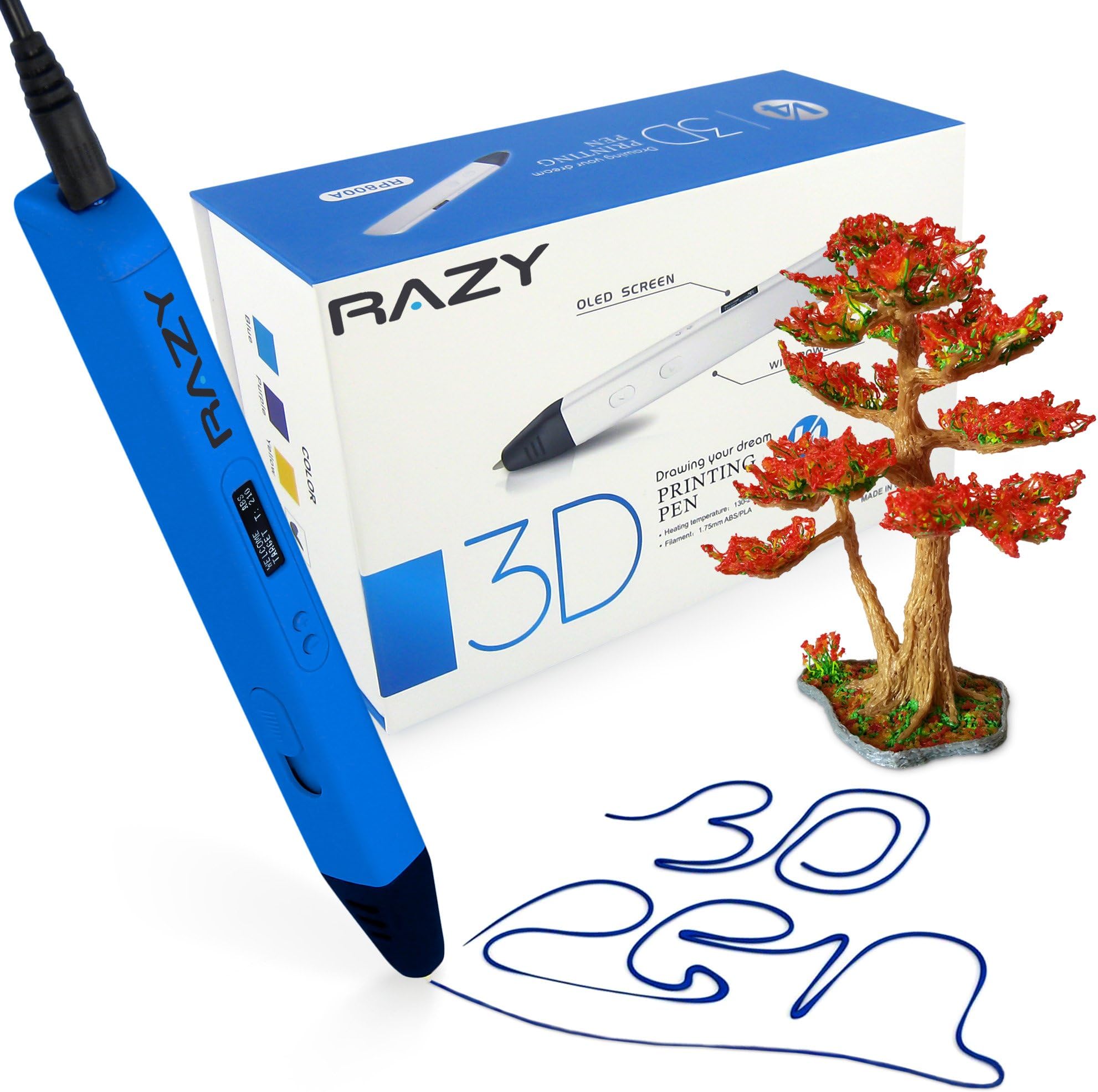 Professional 3D Printing Pen with OLED Display for Art, Modelling, Printing and Craft, compatible with PLA / ABS Filaments + 3 Free 1.75mm Filament Refills, Perfect Gift for Children, Kids and Adults (Blue)
