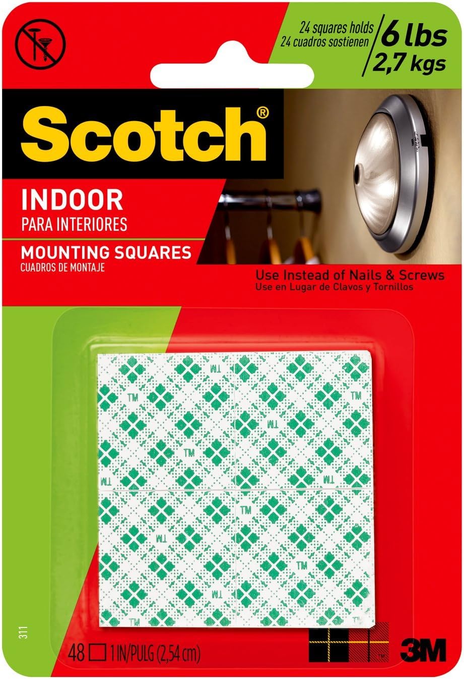 Scotch Indoor Mounting Tape, Holds up to 6 pounds, 1x1 inch, 48 squares