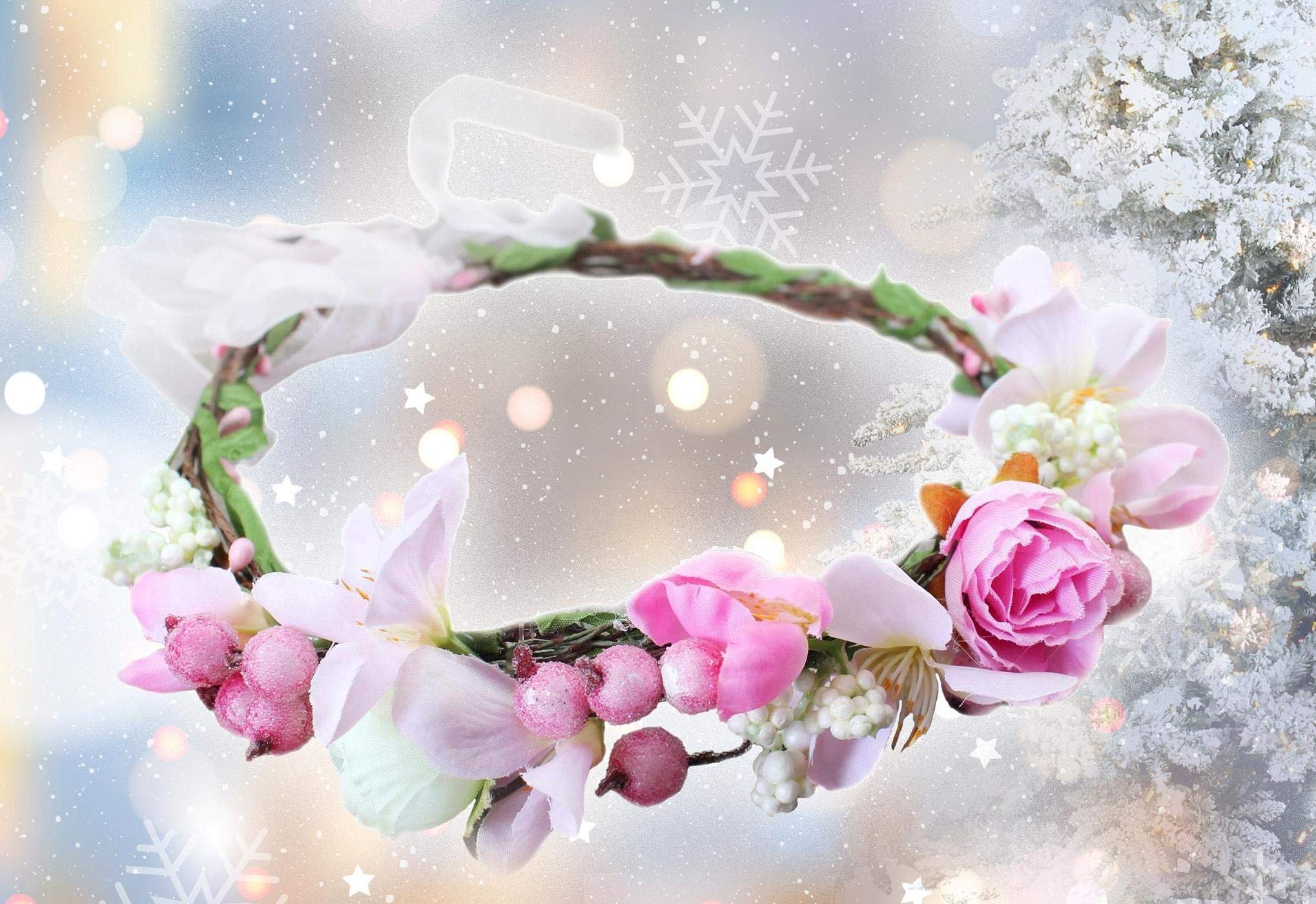 Women White & Pink Bridal Handmade Flower Crown with Adjustable Ribbon Wedding Festivals Floral Wreath Headband Floral Garland