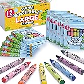 WOSWEL Super Washable Jumbo Crayons Bulk, 12 Pack Crayons with 8 Bright Colors, Non-Toxic Easy-Grip for Toddlers 1-3 & Kids Ages 4-8, Safe Art Supplies for Coloring Books & School Projects