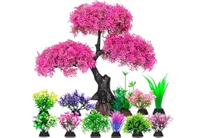CousDUoBe 11 PCS Aquarium Decor Plastic Plants，Pink Cherry Blossom Tree & Grass Aquarium Decor Set,Used for Household and Office Aquarium Simulation Plastic Hydroponic Plants