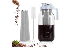 QHH Cold Brew Coffee Maker, 64 oz Wide Mouth Mason Jar Pitcher with Stainless Steel Filter, Pour Spout Handle Lid, Heavy Duty Glass Airtight & Leak-Proof Pitcher for iced coffee & Tea Lemonade- Gray