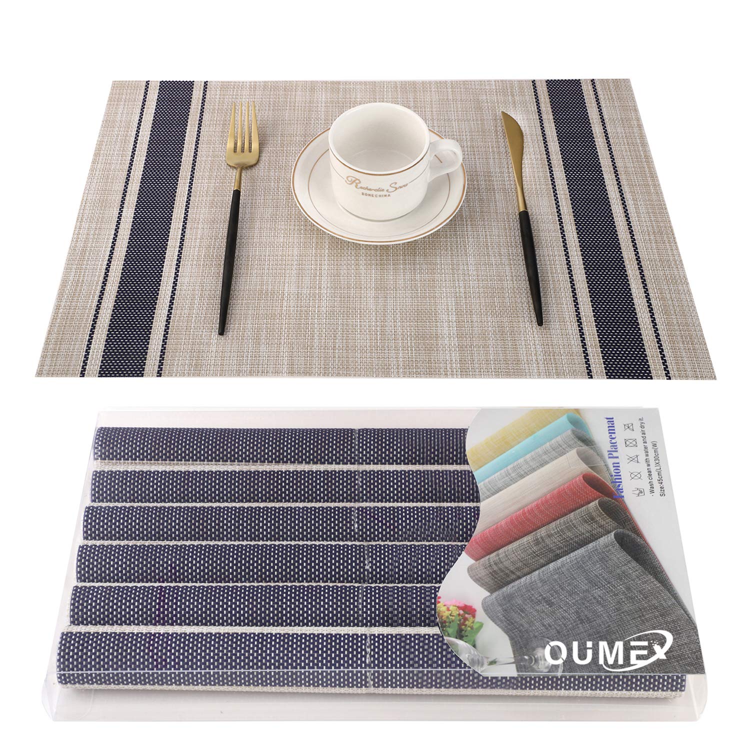 OUME Placemats Set of 6 Dining Table Mats Woven Vinyl PVC Placemats Non-slip Heat-resistant Washable Place Mats