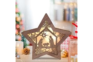 HTMOVAET Nativity Scene Sets Christmas Ornament - Wooden Star Shaped Religious Nativity Scene with LED Light for Festive Indoor Outdoor Shelves Tables Fireplace Tiered Tray Window Xmas Decorations