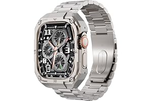 PANPINNACLE Casual Stainless Steel Case with Band Compatiable for 49mm Apple Watch Ultra Bands for Men,Metal Apple Watch Bumper Case Cover with Strap for iWatch Band Ultra 3/2/1,Titanium
