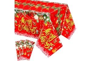 Oudain 3 Pcs Christmas Tablecloths Plastic Merry Christmas Table Covers 54 x 108 Inch Rectangle Disposable Red Xmas Tablecloth for Winter Xmas Holiday Party Decorations Supplies