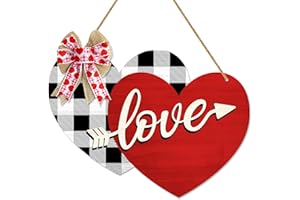 SIONOIUR Valentines Day Door Sign, Red Heart Wooden Sign Love Wall Hanging, Happy Valentines Day Decor for Front Door, White and Black Buffalo Check Plaid with Ribbon Bow Rustic Farmhouse Home Decorations