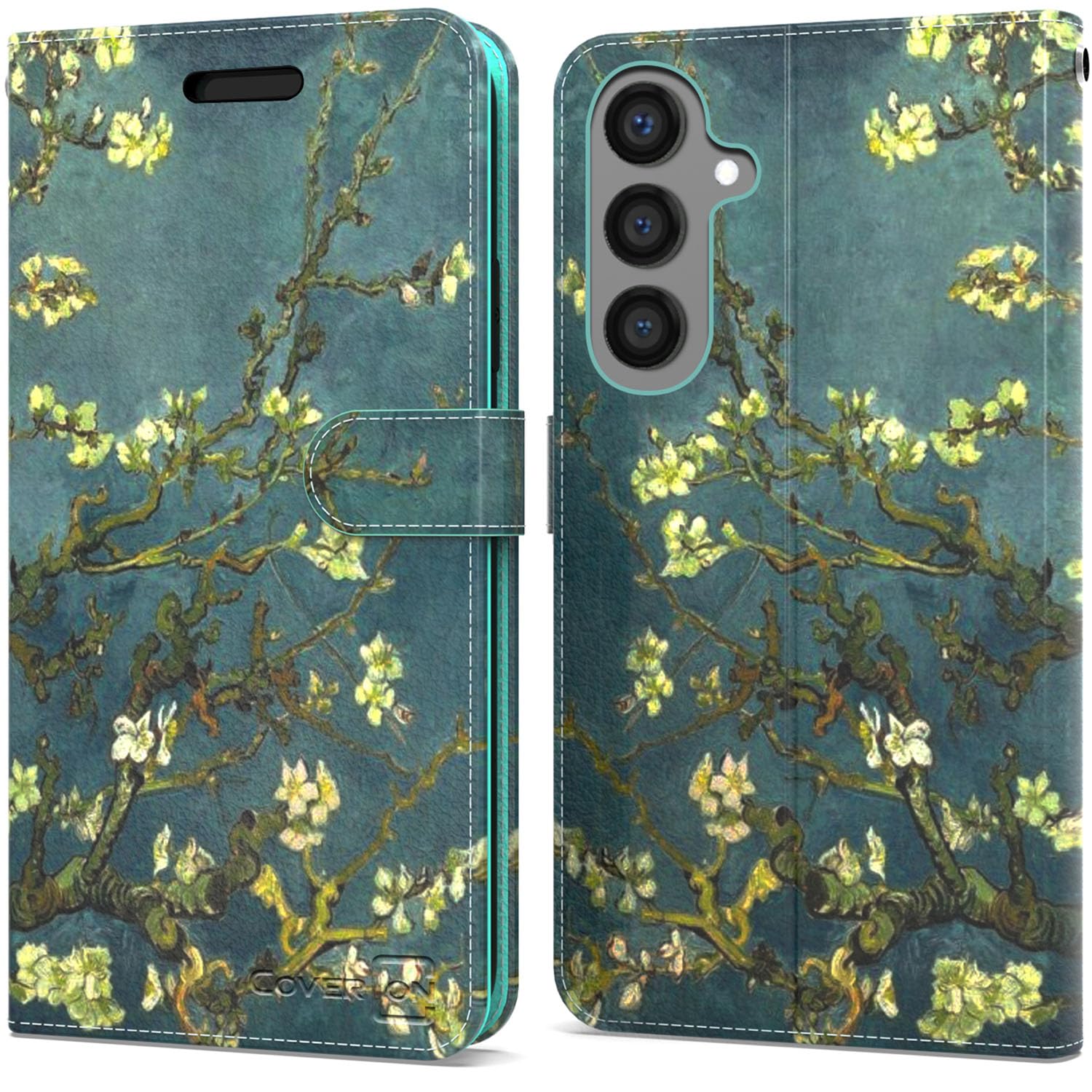 Photo 1 of CoverON Pouch for Samsung Galaxy S25 Wallet Case, RFID Blocking Flip Folio Stand Vegan Leather Phone Sleeve 6 Card Slot Holder Fit Galaxy S25 5G Case - Almond Blossoms Teal