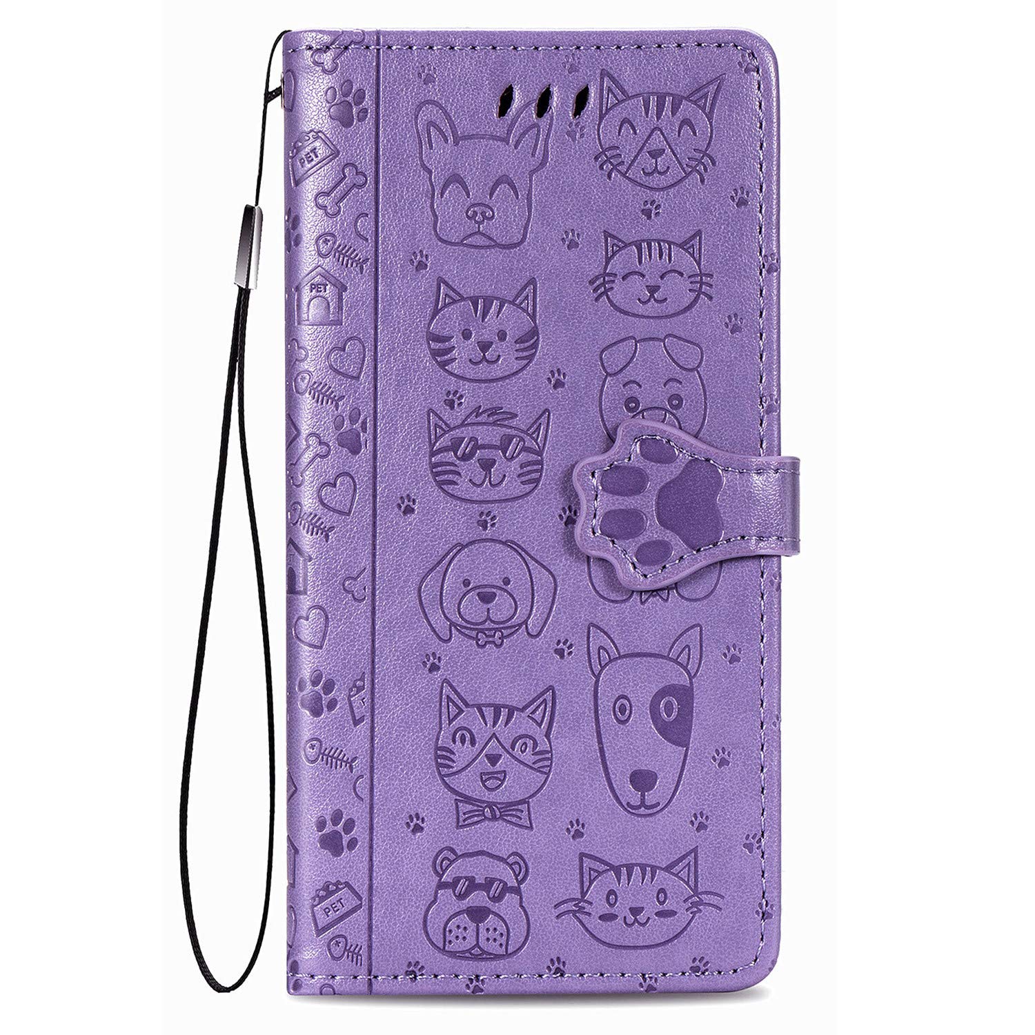 Fertuo Case for Redmi Note 9, Premium Leather Wallet Case with Cute Cat Dog Embossed Pattern [Card Slots] [Kickstand] [Inner TPU Shell] Flip Cover for Xiaomi Redmi Note 9, Purple