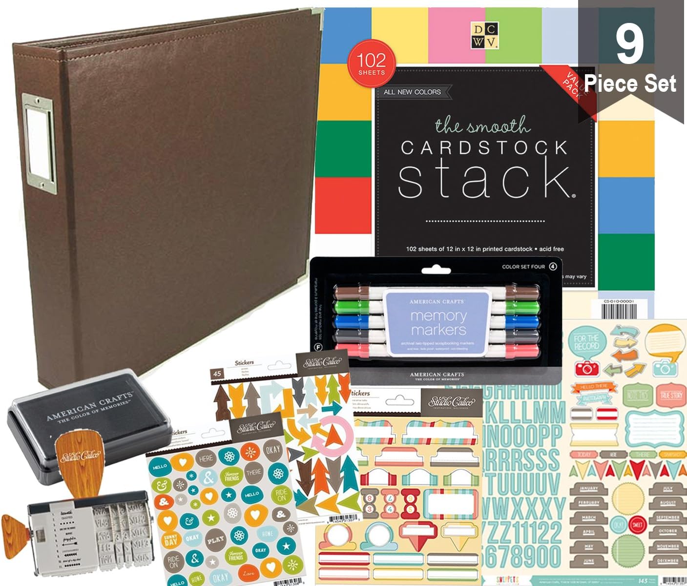 American Crafts 12x12 Scrapbook Set and Accessories (9 Items) Bundle with Leather Album, Studio Calico Stickers, Stamp set, Cardstock Sheets, Sleeves, Scrapbooking Markers