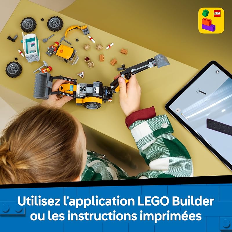 City Le Tractopelle Jaune - Camion Jouet - Véhicule de Construction - Tracteur avec 2 Minifigurines, Godet Fonctionnel Avant & Pelle Arrière - Idée Cadeau d'anniversaire pour Garçon 7 Ans 60480 — photo 8 sur 8