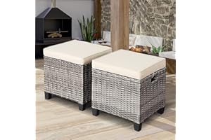 ORALNER Set of 2 Outdoor Ottoman, 16” Wicker Foot Stools, All-Weather Rattan Cube Footstool w/Removable Cushions, Square Footrest Extra Seating for Patio, Porch, Deck, Easy Assembly (Beige)