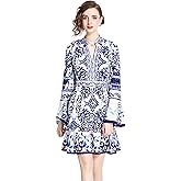 LAI MENG FIVE CATS Women's Floral Print V-Neck Bell Sleeve Button Up Casual Mini Dress