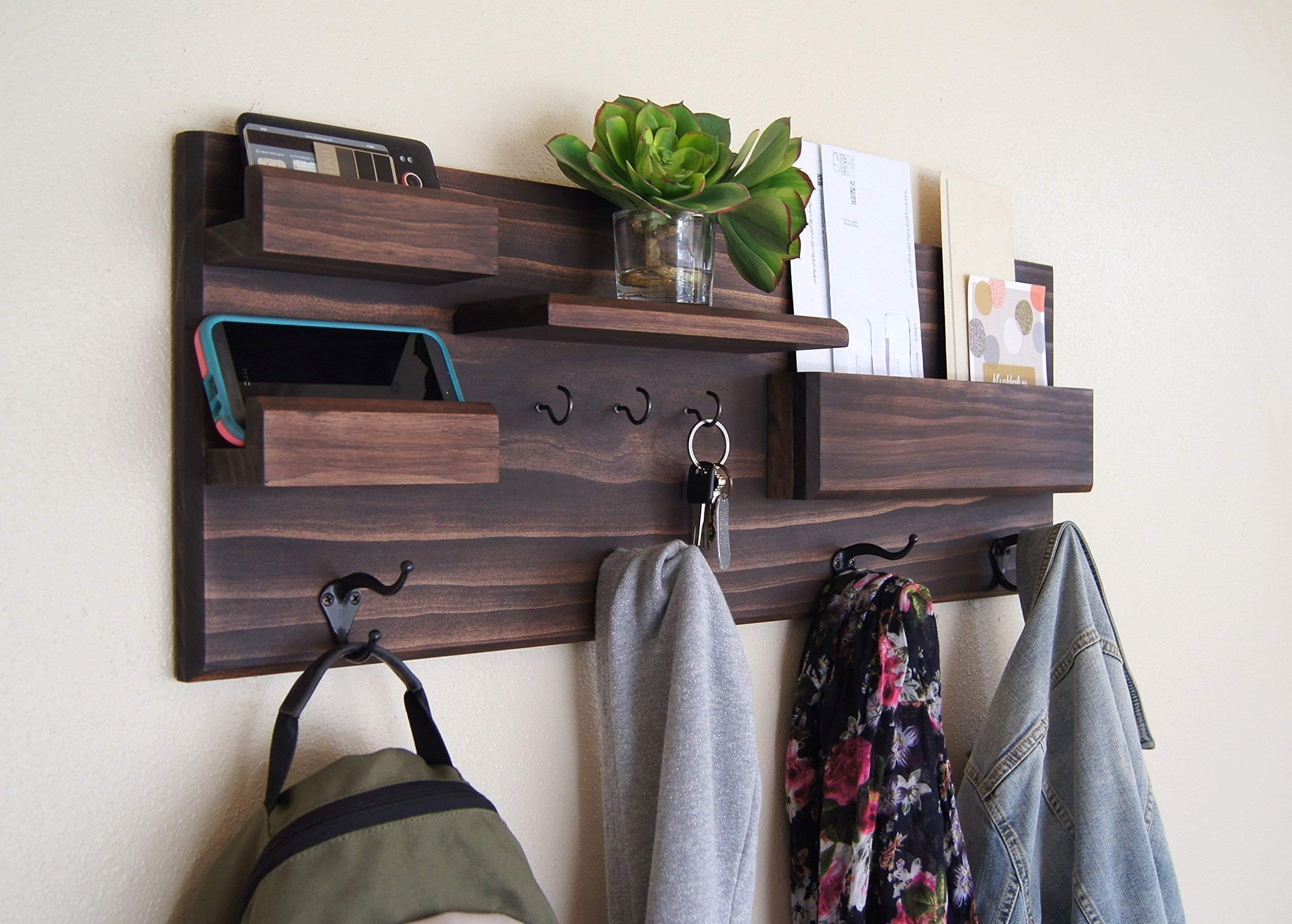 Entryway Organizer Coat Rack with Mail and Phone Storage Ledges and Key Hooks