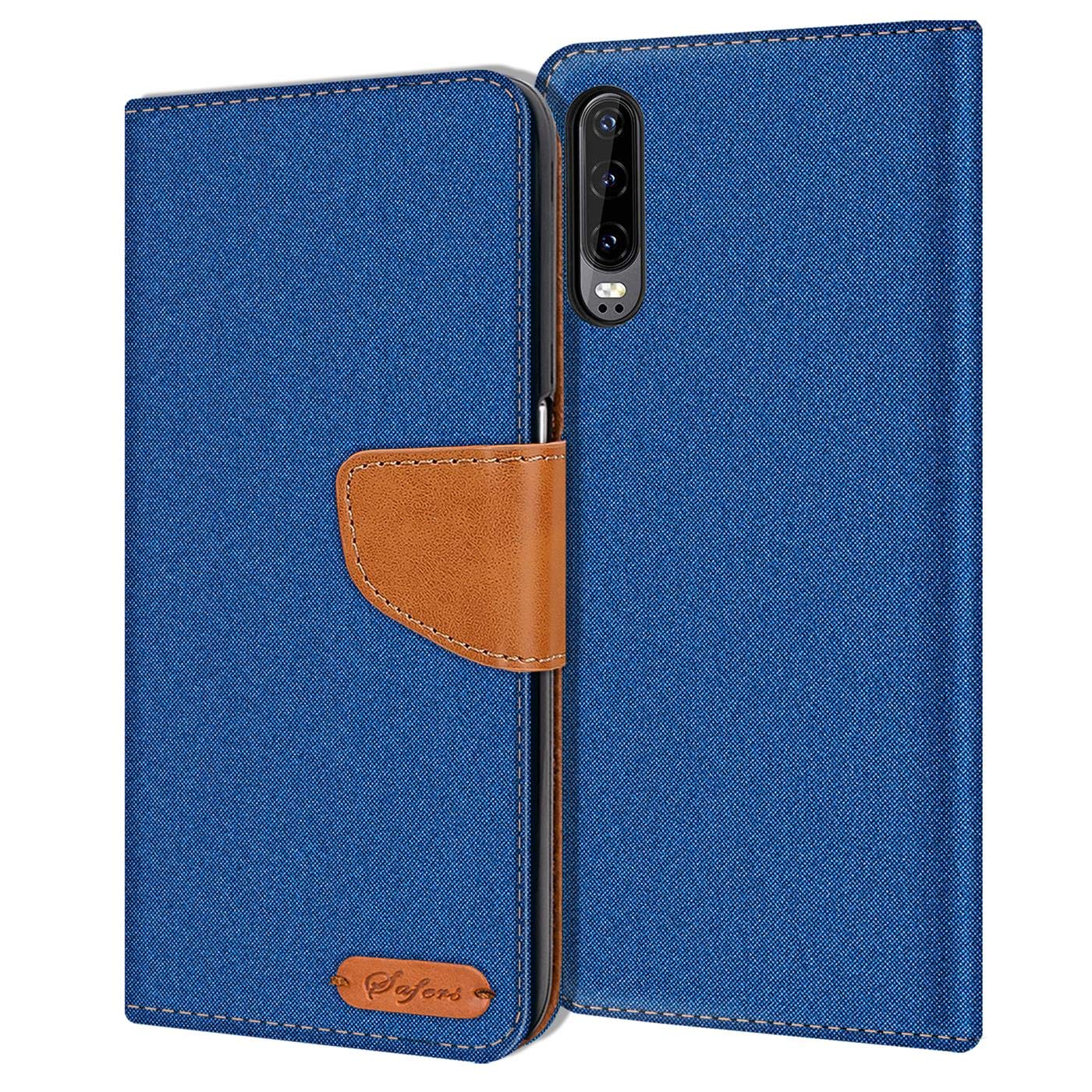 Verco Phone Wallet Case compatible with the Huawei P30, Canvas Faux Leather Book Cover for the P30 Flip Case Bag Hinged - Blue