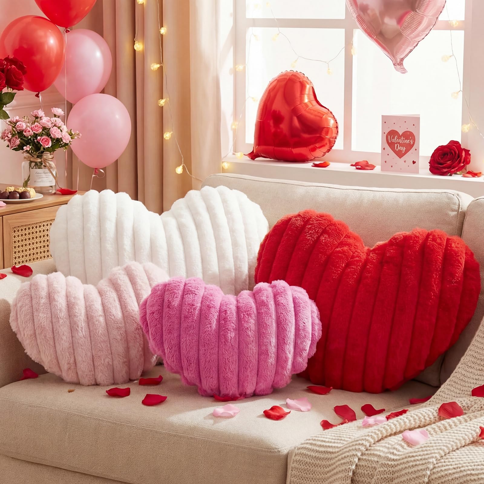 Photo 1 of **ONLY 2***Beeveer 4 Pcs Heart Shaped Throw Pillows Set, 17/15/13 Inch Large Faux Fur Striped Cushions Pink Red White Heart Pillows for Couch, Bedroom, Living Room Wedding Decor