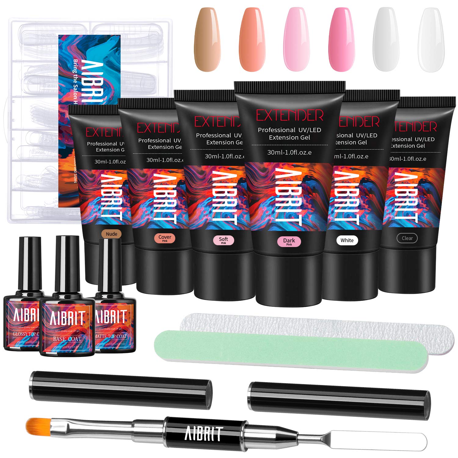 Poly Nail Gel Kit, Aibrit 30ml 6PCS Poly Nail Extension Gel Nail Builder with Base and Glossy/Matte Top Coat, All-in-One Poly Nail Art Starter Kit for Nail Manicure DIY at Home