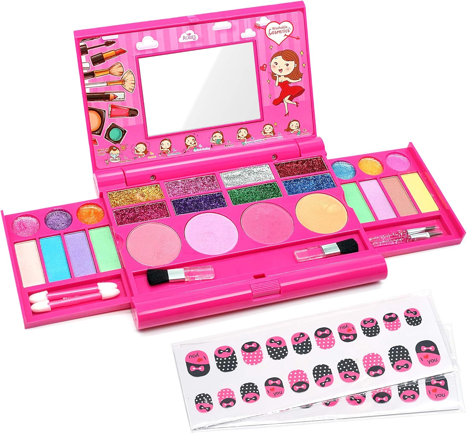 ROKKES Kids Washable Makeup Toy - Real Fold Out Cosmetic Palette Kit for Little Girls , Play Makeup Set for Toddlers , Pretend Makeup for Age 4 , Cosmetic Toys , Best Gifts for 3/4/5/6/7 Yeas Old Girl