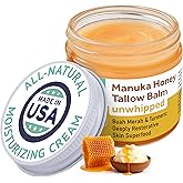 Manuka Honey Unwhipped Tallow Balm – Handmade Grass-Fed Beef Tallow with Frankincense, Vitamin E, Castor Oil, Buah Merah & Turmeric – Hydrates & Nourishes Skin for Men, Women & Kids – 2oz Glass Jar