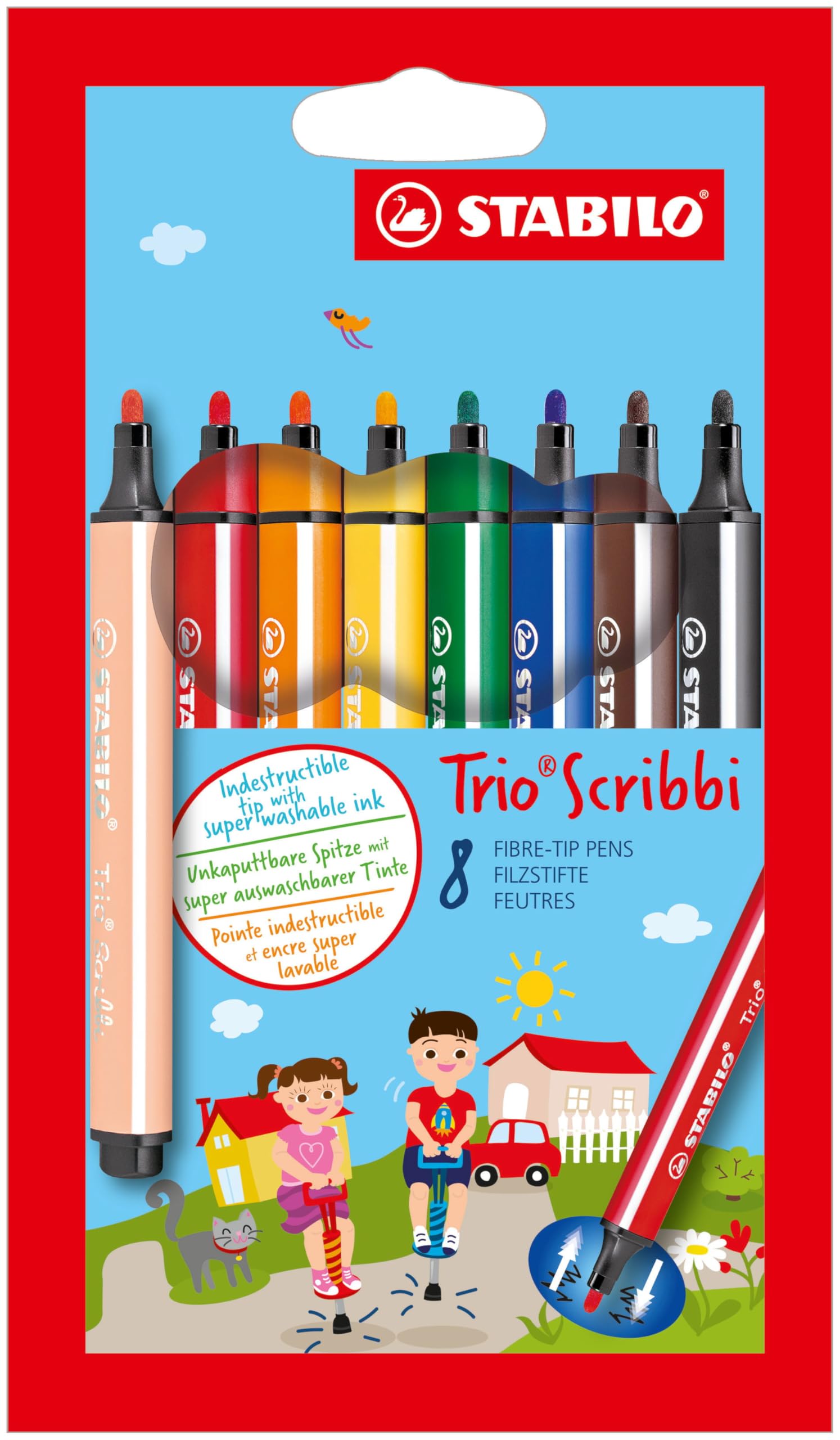 STABILO Trio Scribbi - Triangular Fibre-Tip Pen - Pack of 8 - Assorted Colours