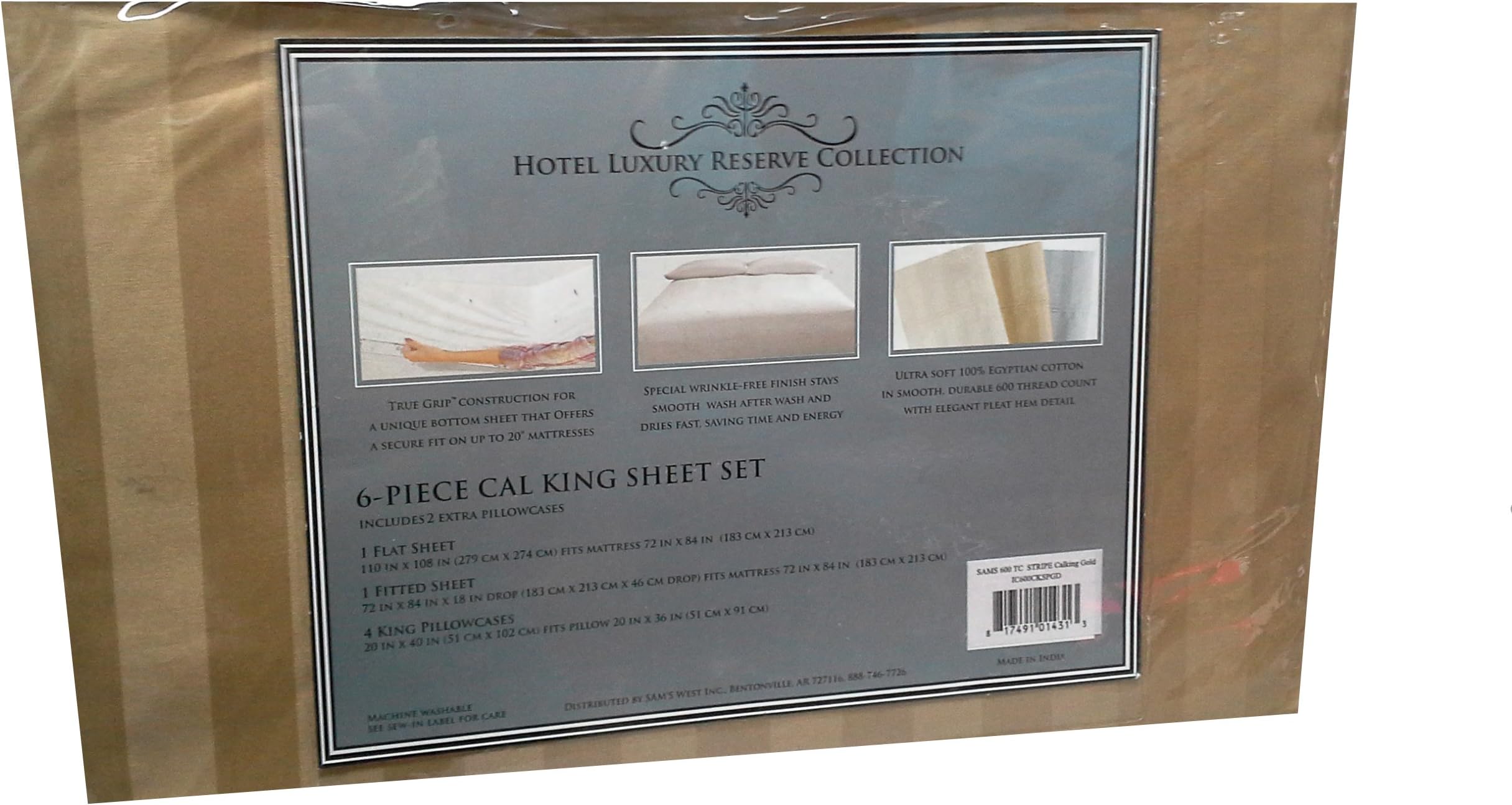 Hotel Luxury Reserve Collection 600 Thread Count 6pc Sheet Set (1 Flat Sheet, 1 Fitted Sheet, 4 Pillowcases) (Cal King, Striped Gold)