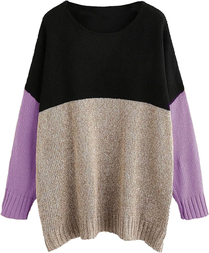 SheIn Women's Loose Colorblock Marled Sweater Oversized Pullovers Purple Medium: Amazon.ca 
