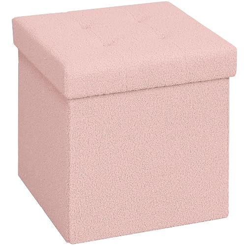 HOMCOM Foldable Ottoman Storage Box, Sherpa Fleece Storage Ottoman with 37.6L Capacity, Foot Stool for Living Room, Bedroom, 38 x 38 x 38 cm, Pink