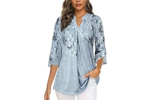 Zamowoty Womens 3/4 Sleeve Shirts Floral Print V Neck Tunic Blouses Tops