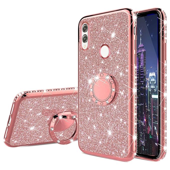 HMTECH Compatible with Huawei Honor 8X Hülle Glitzer Diamant Silikon Plating TPU Schutzhülle Ring Ständer Halter Handyhülle T