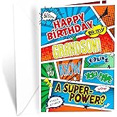 Prime Greetings Birthday Card For Grandson, Made in America, Eco-Friendly, Thick Card Stock with Premium Envelope 5in x 7.75in, Packaged in Protective Mailer (Superhero)