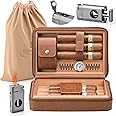 GLENCREAG Portable Travel Cigar Humidor Case, Leather Cedar Wood Cigar Case with Cigar V Cutter & Lighter, Built in Hygromete