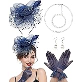 Bniksok 1920s Vintage Fascinators Hat Set for Women Tea Party Hats Veil Mesh Feather Headband Lace Gloves Set