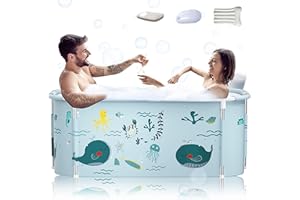 KISEELY 53" Extra Large Portable Foldable Bathtub with Metal Frame for Adult, Family SPA Soaking Tub with Cover for Small Bathroom, Thicken Multiple Layer Bathtub with Lid (53" Ocean with Metal Frame)