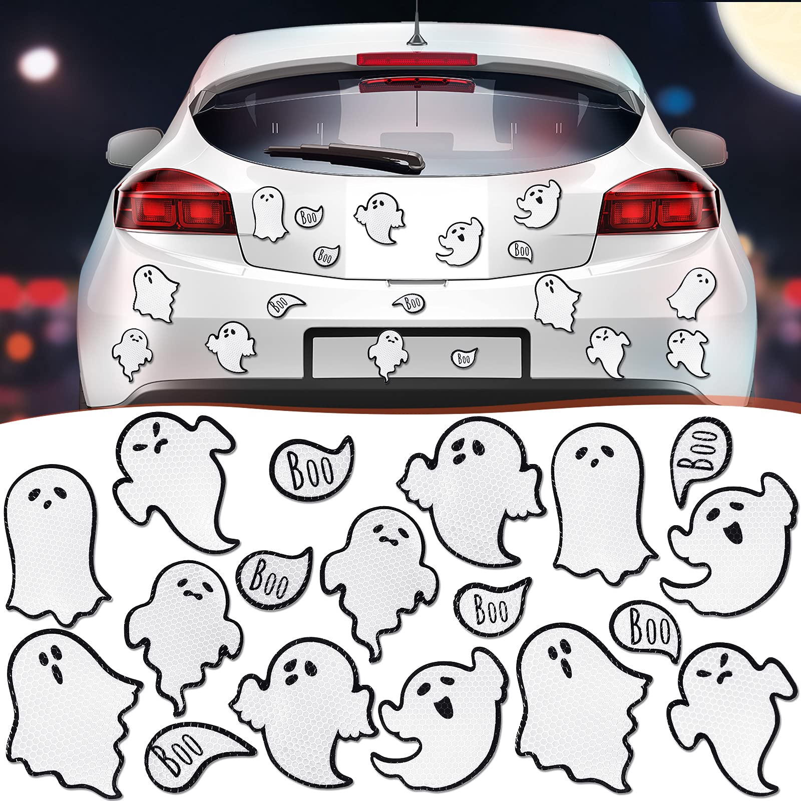 Photo 1 of Chinco 18 Pcs Halloween Ghost Car Magnets Reflective Ghost Boo Refrigerator Automotive Magnet Stickers Cute Holiday Fridge Garage Door Decorations Holiday Waterproof Magnetic Decals